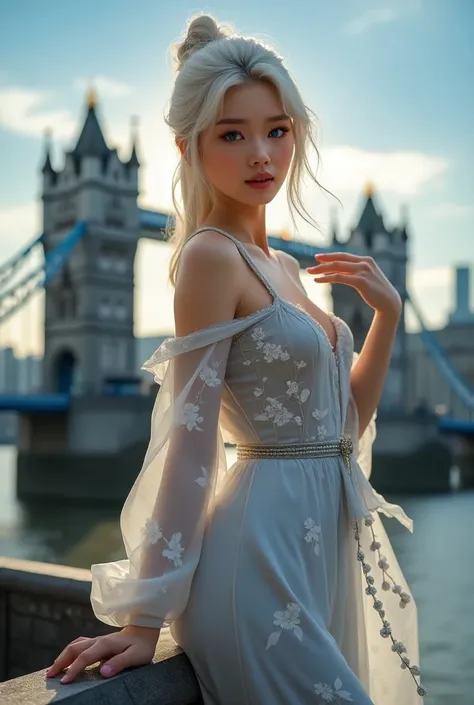 A beautiful Chinese sexy Girl with pure Gray white with flowers on , creamy white hair, Gray white Long dress,model pose, Blue eyes ,  biggest boobs,  , realistic photo ,  over London bridge , beautiful day view , in long pajamas pants, lying to me 