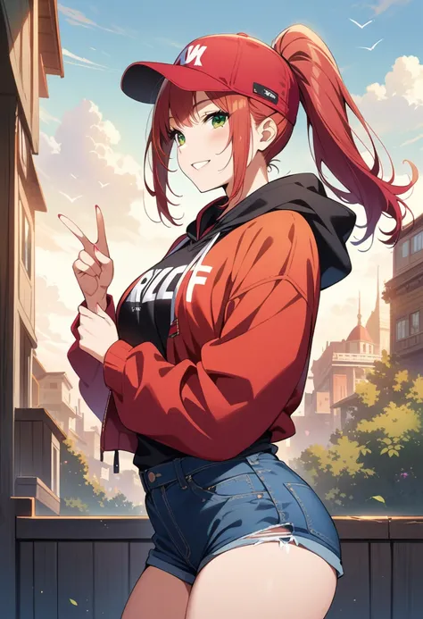 One woman, ((masterpiece)), ((Perfect Face))、Blushed、Mischievous Smile、Green Eyes、Red Hair、 ponytail、Wear larger clothes、 hoodie、 anime illustration、Realistic Background、anatomical fingers、Golden Ratio, Wear a baseball cap