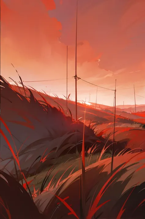 Bright red sky, rotten grass, completely clear red sky, 90s aesthetics, atmosphere of misfortunes, image in polarized quality 