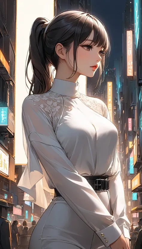 A waist-up view of a semi-realistic anime-style woman, aged 25, with long, sleek dark hair styled in a half-ponytail. She has warm tan skin with a golden undertone, and her sharp, symmetrical face exudes elegance and modesty. Her almond-shaped, slightly up...