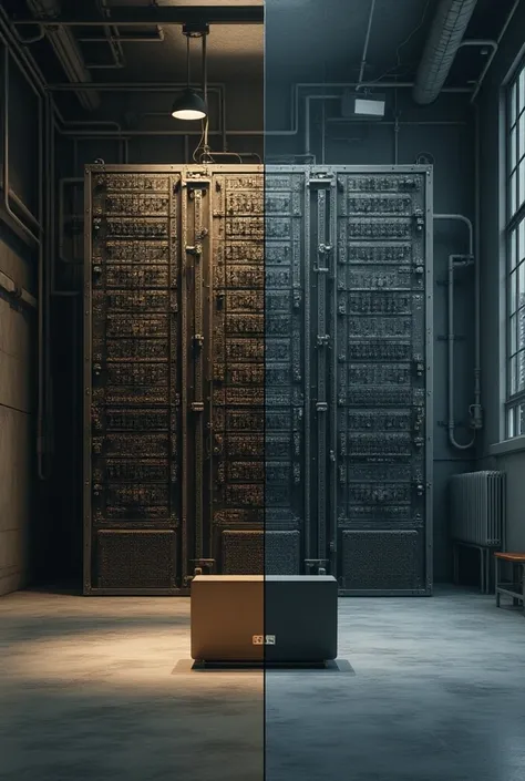 Create a split-screen image showing the vast size difference between ENIAC and a modern laptop or smartphone. On one side, show ENIAC filling an entire room with its panels and wires, and on the other, a sleek, small laptop sitting on a desk."