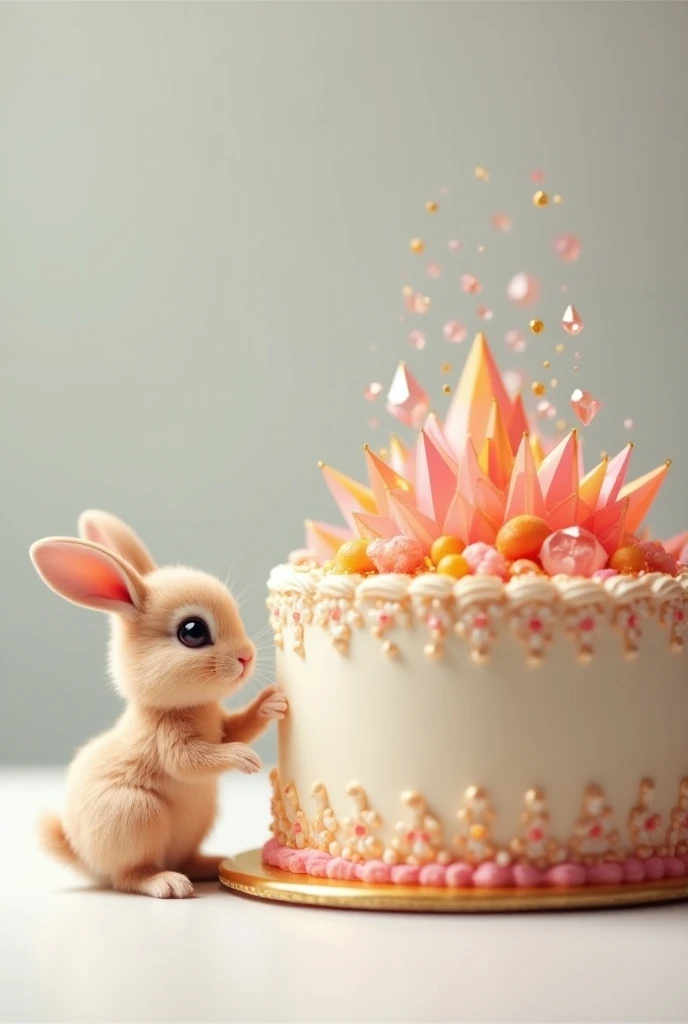  image of a cake with jewels cut like a prism trunk、 There is 1 realistic thumb-sized baby rabbit next to the cake、High resolution、 The rabbit holds its hand on the side of the cake and looks up 、Realistic rabbits、Realistic rabbitsの毛質