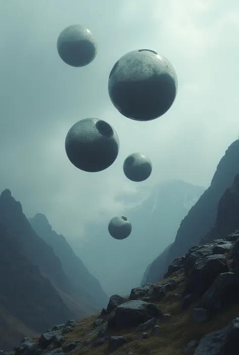 Three metallic spheres ,  with a different texture each,  falling from the cloudy sky , fall on mountains . terror, strange, realistic