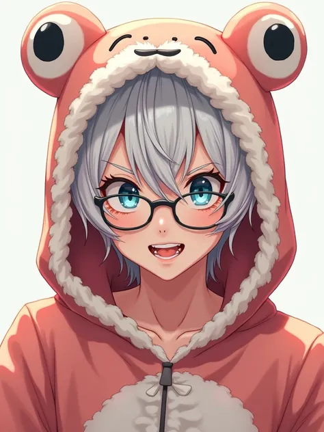 A close-up portrait of an anime man with piercing blue eyes, framed by his white hair and glasses. He wears a whimsical froggy pajama costume, complete with a fluffy hood and matching slippers. His expression is playful and mischievous, with a twinkle in h...