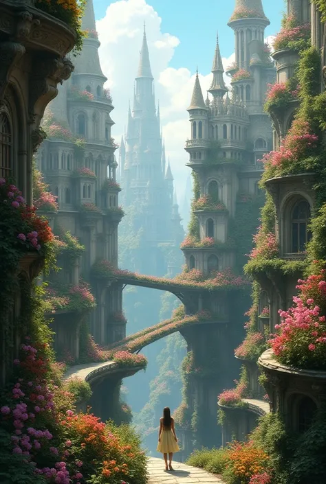 (Masterpiece:0.9), (best quality:1.1),1girl,A maze of intricate staircases, Lively streets, Bridges between buildings,Fantastic flower garden, Ancient library in the sky