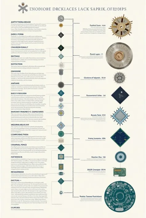 "Design a detailed timeline that visually transitions from ancient computers like the Antikythera Mechanism on the left to modern-day microchips on the right. Show the evolution of devices, from mechanical gears to early electronic circuits, ending with sl...