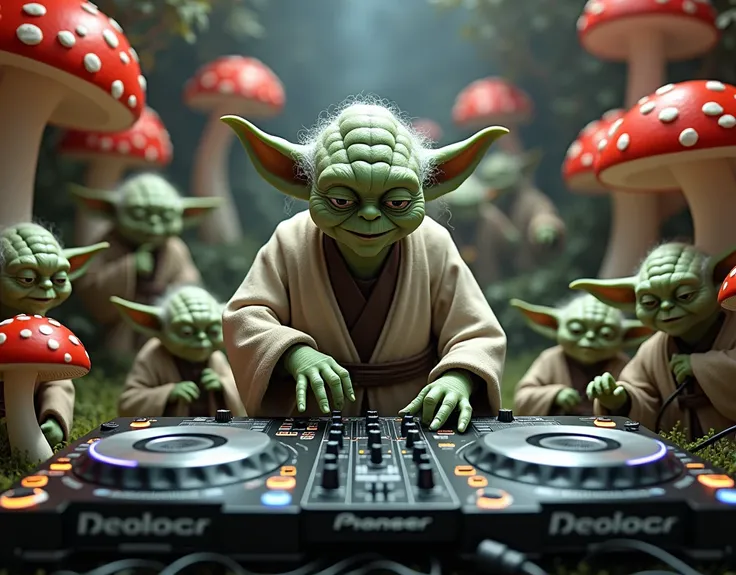 MASTER YODA playing electronic music on CDJ 3000 Pionner ,  Yoda inside a musical studio filled with production equipment with several Yoda Baby learning to produce electronic music room with lots of mushroom decoration