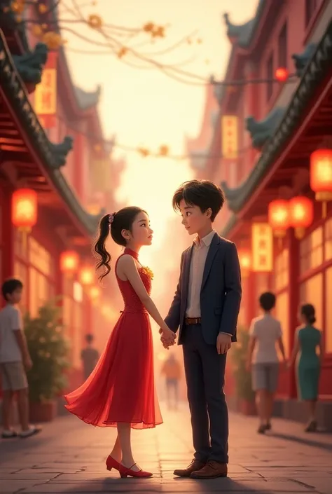 i2 young someone girl someone boy lovers walk on the road in the streets of china 
