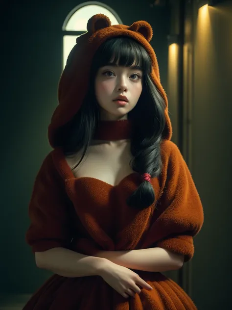 (masterpiece:1.4), ( best quality:1.4),  very detailed, Complex, Super detailed, ( perfect face), figure, soft lighting , full_body,  1 girl, Lonely,  For hair, colorful, Colorized, from_On top of that ,Bear_ costume , prison 