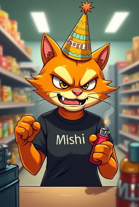  Generate an image in cartoon format with a cat buying a lighter ,  the cat must be paying and also everything located in a supermarket ,  besides the cat is orange and must be wearing a birthday hat that says "Mishi"  and the cat must be wearing a black t...