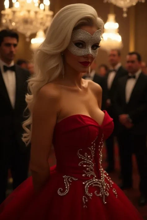 A photo of a sexy woman with a cascade of white hair and an elegant silver mask. She is wearing a tight red bouffant dress decorated with intricate silver details sparkling from the light of chandeliers. Her large breasts are emphasized by the deep necklin...