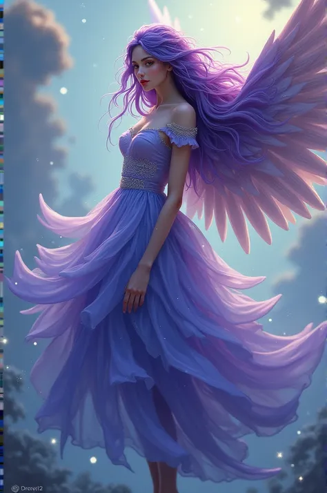 I want a character of a man in the angel tarot style with a purple and blue balloon dress who has long and bright hair 