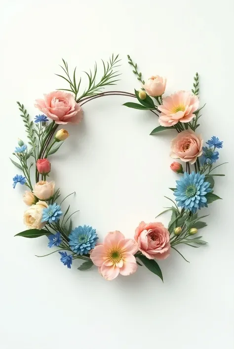 Crée moi une image d’une couronne de fleurs avec les fleurs de couleur rose pale bleu et vert émeraude de type boheme avec marquer en rose pale Happy birthday Queen Connasse 