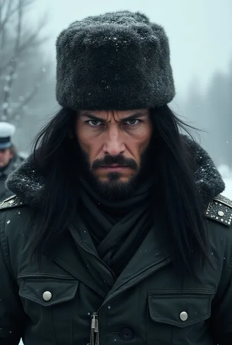 Male Russian man with very long black straight hair loose and threatening facial expression and sharp facial features in ushanka cap and military uniform in winter scenery realistic Portrait 