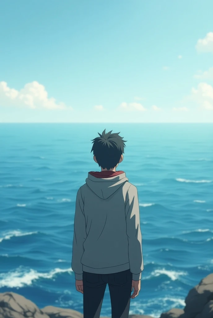 Photo 1:  A person standing in front of the wide sea , looking far towards the horizon,  evokes a sense of dreamy and defiant.(animation )