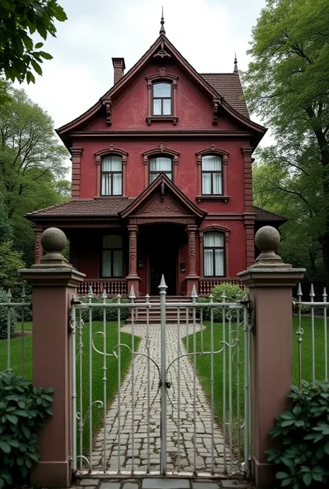 Large old German-style house in burgundy color,  with a small roof over the main entrance, with garden,  with white gate covering the entire front of the house