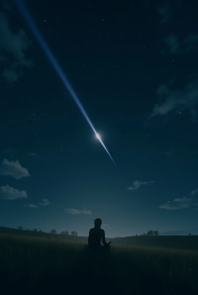 a person sitting on the grass on the left side of the image watching a shooting star at its best, And that a person is pointing to 