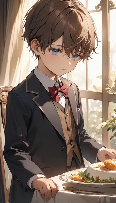 (masterpiece,, beautiful and aesthetically pleasing:1.2),(High Detail Skin:1.2),8K Ultra HD,, soft lighting ,high quality,Film Grain,((1boy,male)), alone,Brown hair,blue eyes,, lost,Keep,bow,Keep ,daytime, boy,child们,child, Dress with Suit,Light Soft ,banq...