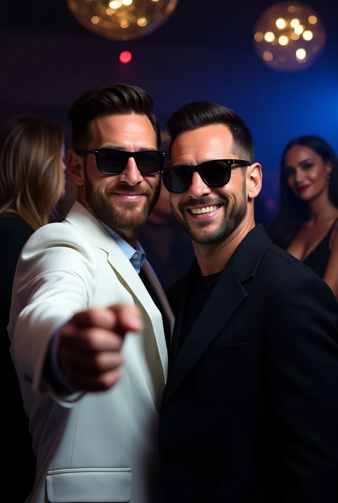 Lionel Messi and P . Diddy with dark glasses and with a smile taking a picture of himself at a party at night is wearing a white suit