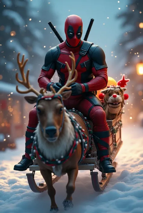 Create an image of Dead Pool riding a Christmas sleigh 