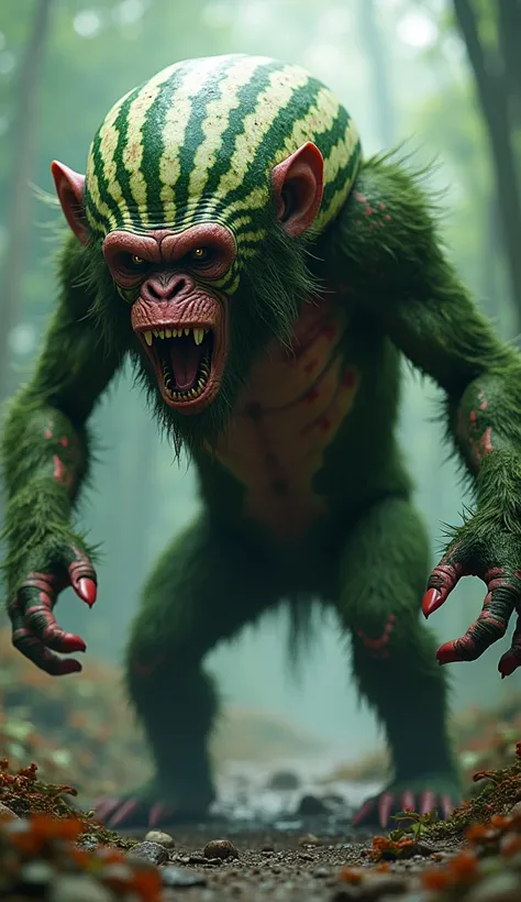 a hybrid version of , in which the features of Watermelon and Chimpanzee are combined into one with a monstrously dangerous appearance,  and the background enhances their expressiveness .  just give me a hint .