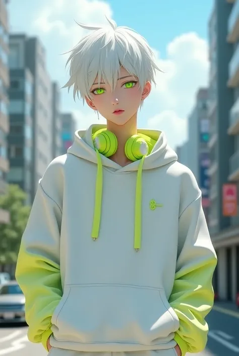 kk, best quality, more details, masterpiece, 1boy, kaneki ken, portrait, adult male of about 26 of age focus white hoody and white pants with a cool smirk on his face,with his realistic pink lips, bright lemon green neon eyes, solo, bangs, looking at viewe...