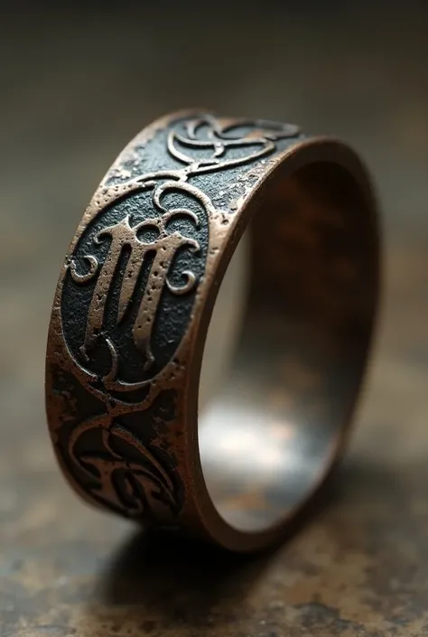 Rustic wedding ring with a lycanthrope symbol carved around it with a letter M in the middle