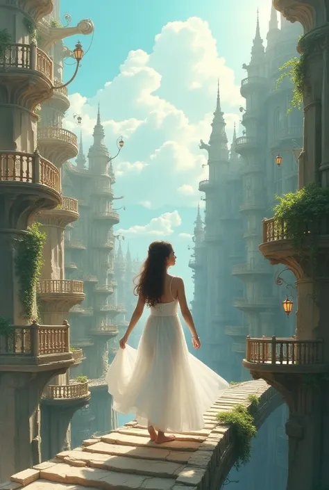 (Masterpiece:0.9), (best quality:1.1),1girl,White dress, A maze of intricate staircases, Lively streets, Bridges between buildings, (buildings floating in the sky:1.1),