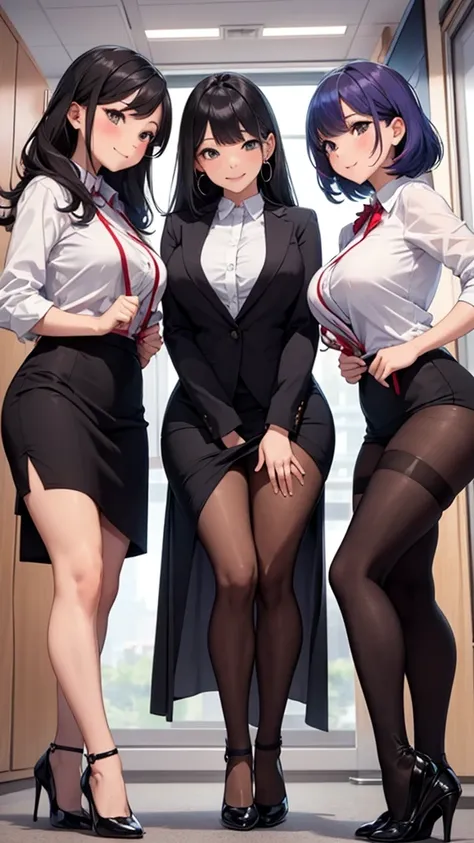 three sexy women in kindergarten teachers outfits trying to seduce young boy, flirtatious smiles, opened mouths yawning, various hair colors, full bodies, view from below