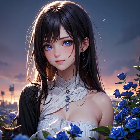 a very cute and beautiful girl is looking at the blue rose garden, (her beautiful face and eyes are very detailed), (her eyeballs are blue) (smile), cowboy shot, black hair, zettai ryouiki, (looking at the blue rose garden), many flowers and trees, detaile...