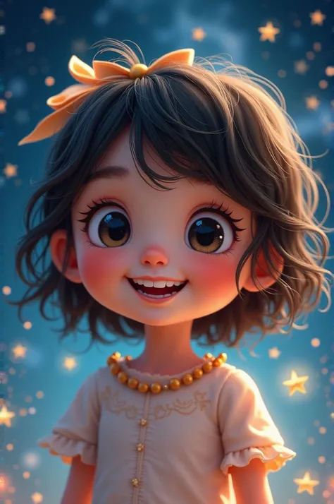 A girl toddler with big shiny eyes and wavy hair and a smile on her face and starry background