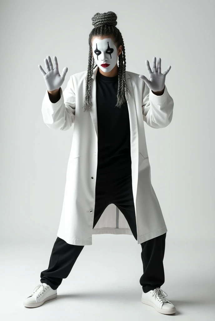 A MIME PAINTED WHITE THE WOMANS FACE WITH BRAIDS, white duster, black pants, WHITE SNEAKERS AND BLACK T-SHIRT WHITE GLOVES.