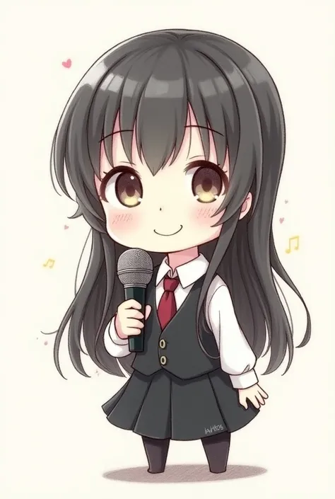 Pencil color illustration. Chibi girl with black long hair. Wear long white shirt with tie and black vest. She hold mic