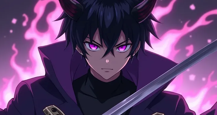 anime boy, Young, purple eyes ,  overcoat pulled into purple , black anime hair,  demon horns in the corner of the forehead ( horn on the right is cut in half), using sword,  superior quality , 8K quality, beautiful,legal,tough guy,  demonic black aura , n...