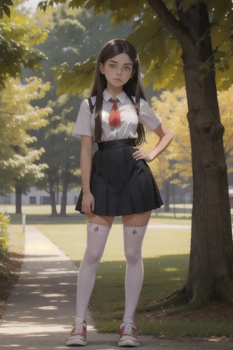    Cute young  beautiful  schoolgirl pioneer,  beautiful cute teen face ,  black pleated  pinafore dress  ,  transparent white blouse , red tie, brunette long hair, beautiful eyes. stockings,  Sneakers, pioneer schoolgirl - standing in the summer camp ,   ...