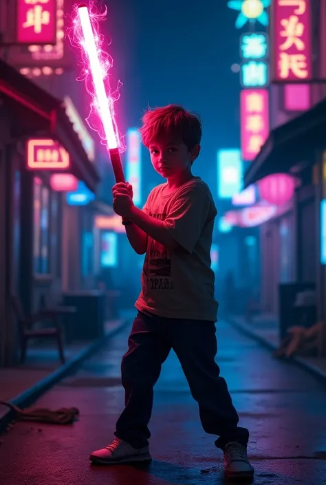 A boy with bat neon