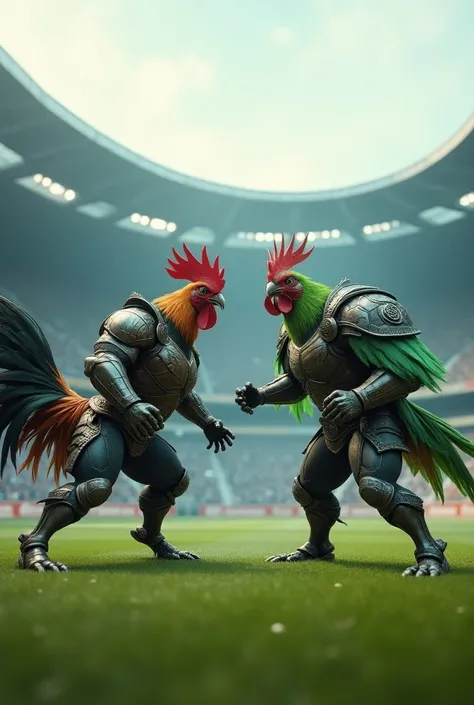 Avenger muscle rooster with armor duel against green muscular parakeet with armor at the soccer stadium 