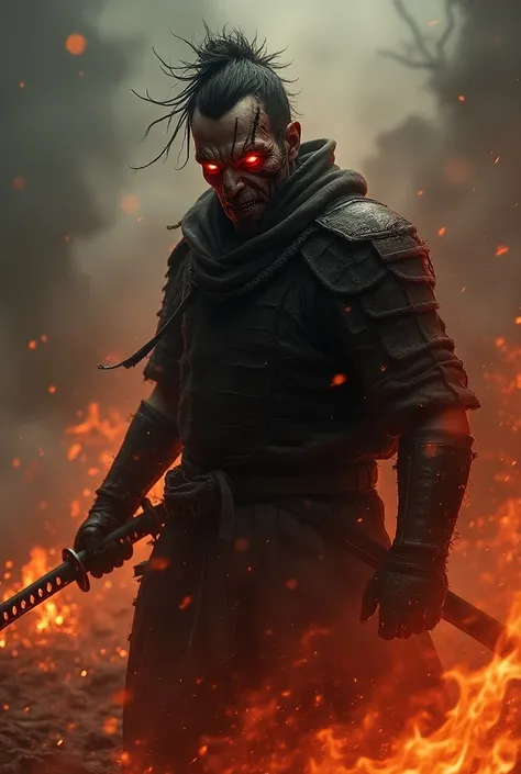 A dark, atmospheric image of a samurai warrior on fire, with a fierce, demonic appearance. His fiery red eyes pierce through the shadows, and his decayed face is framed by swirling flames. He grips a sharp katana, which reflects the orange glow of the fire...