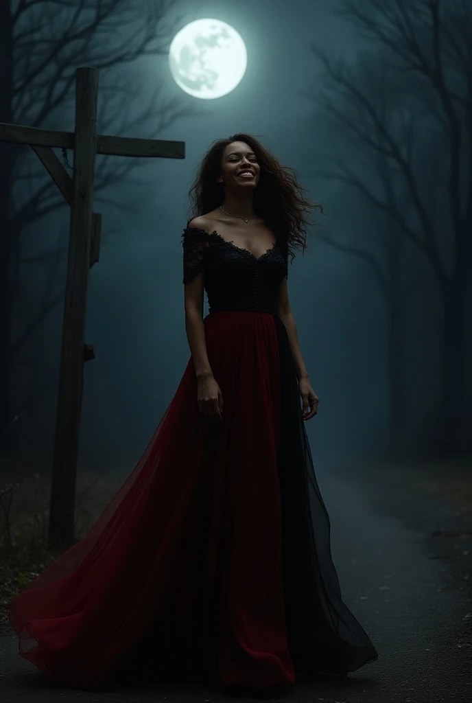  A very beautiful woman , of mulatto skin,  slightly wavy brown hair , Deep black eyes,  dressed in a long red and black dress,  at a dark crossroads ,  just under the moonlight , laughing out loud 