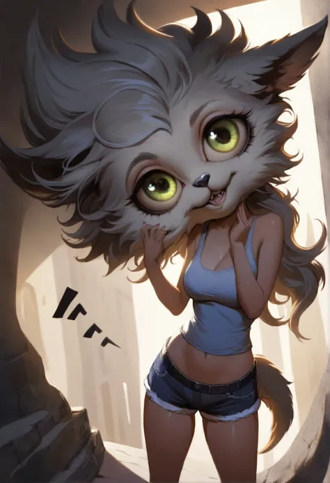 a cute woman, 1 girl, beautiful detailed eyes, beautiful detailed lips, extremely detailed eyes and face, long eyelashes, tattered daisy duke tank top and shorts, furry, bushy tail, psycho grin, wolf teeth, huge eyes, menacing, flexxing, intimidating viewe...