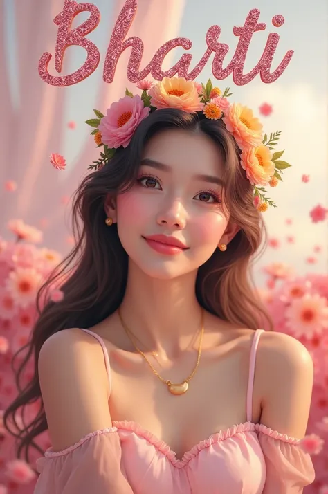 Create a  realistic image for smooth  face girl 4k picture. Good Looking and beautiful  smile,  of a 20 year old girl. And sitting comfortably in wings their  the girl is wearing a pink yellow  flower with white  frank and pink painti . They are looking ah...