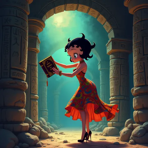 Betty boop,  In Scene” Tomb Maze” Female Protagonists Clothing，Hand Held An Egyptian Bible ， Background” Tomb Maze” Wearing ，psychedelic style，romantic