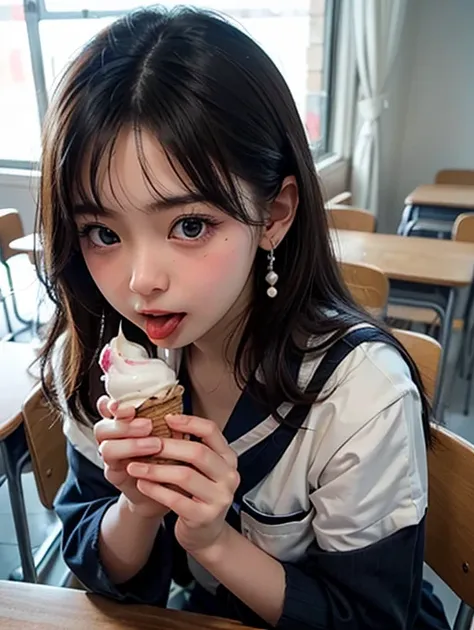 ((Hold the glans of ice cream firmly and lick it with the tip of your tongue:1.1)),(( best quality)), ((masterpiece)), (Familiar),  perfect face,Japanese,,girl,cute, elementary school students,Private elementary school,In the classroom,(世界で一番cutegirl:1.2),...