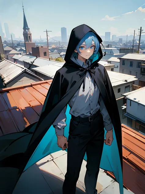 1male , Adult Male , Blackish Blue Hair , Blue Eyes , Fitted Black Cloak , Blue Hood , Hood on Head , Street Clothing , Black pants , Standing on rooftop , Calm Expression , Lean Build , Perfect Generation