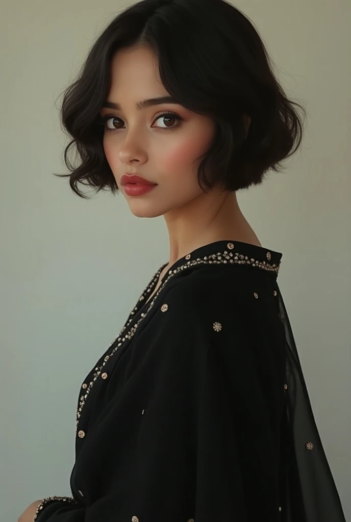 Prepare a image of a girl wearing black anarkali suit with butterfly haircut with short layers 