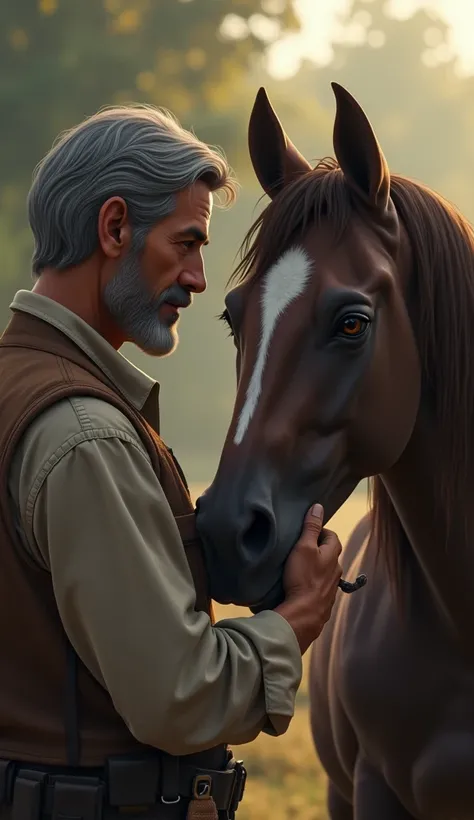 In this scene, the man and horse share a moment of connection—he gently strokes the horses mane. The horse, with big, soulful eyes, looks up at him, clearly exhausted but loyal. The animation should highlight their bond, with subtle movements like the hors...