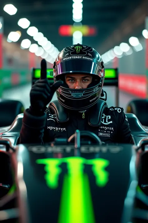  View of a pilot inside a black F1 car with green lines , That says Monster Energy  ,  the driver must be raising the index indicating that he is the number 1 