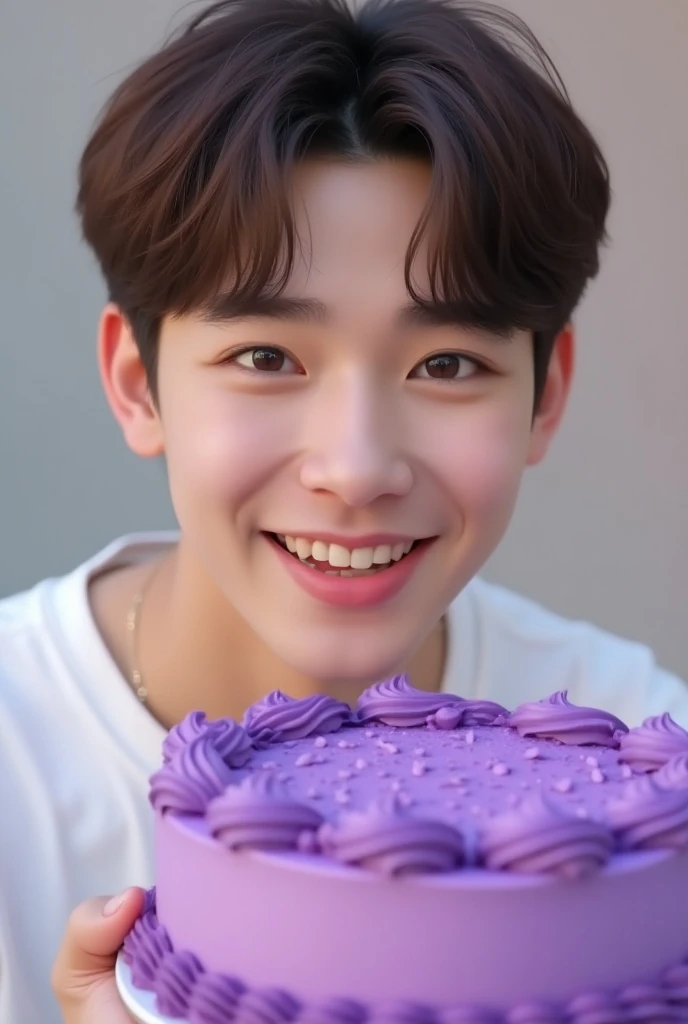 Front, smiling, realistic Jungkook of BTS, wearing a white t-shirt, holding a purple birthday cake high up close to his face