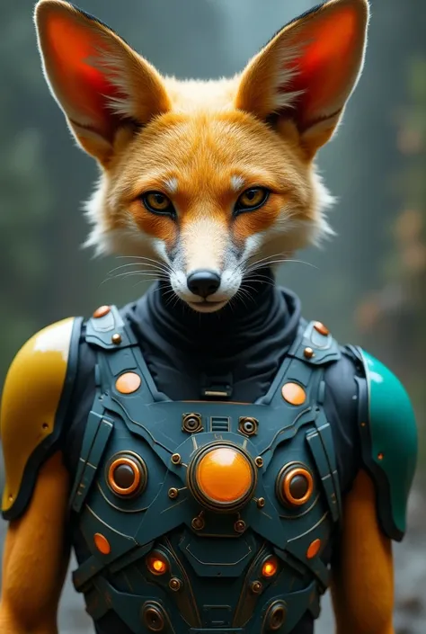 Close up photography, futuristic planet, The fox vega is alien from vega system star, humanoid fox, with fox colorful skin pure color and beautiful intricate skin, proportional bulk robust fit body,(courage, brave, fierce character)wear mechanical skeleton...