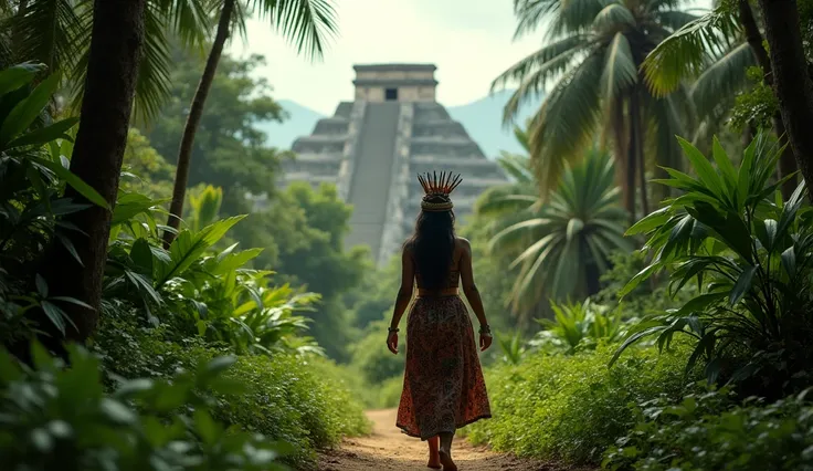 A full-length Aztec woman walks through the jungle in a Aztec costume, with an Aztec pyramid in the background, cinematic photography style, Red Monstro 8K camera, Sony 16-35MM camera, moderate depth of field, eye-level shot, Kodak Porta film --ar 16:9 --r...